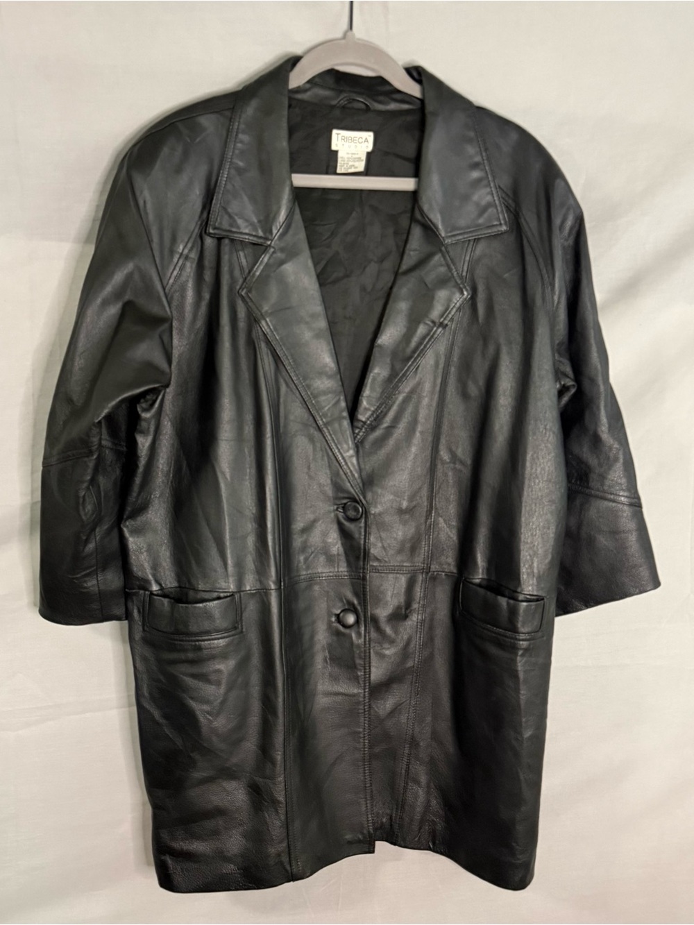 Vtg Tribeca Studio Leather Coat Womens Large Mid Length Black Minimalist Goth